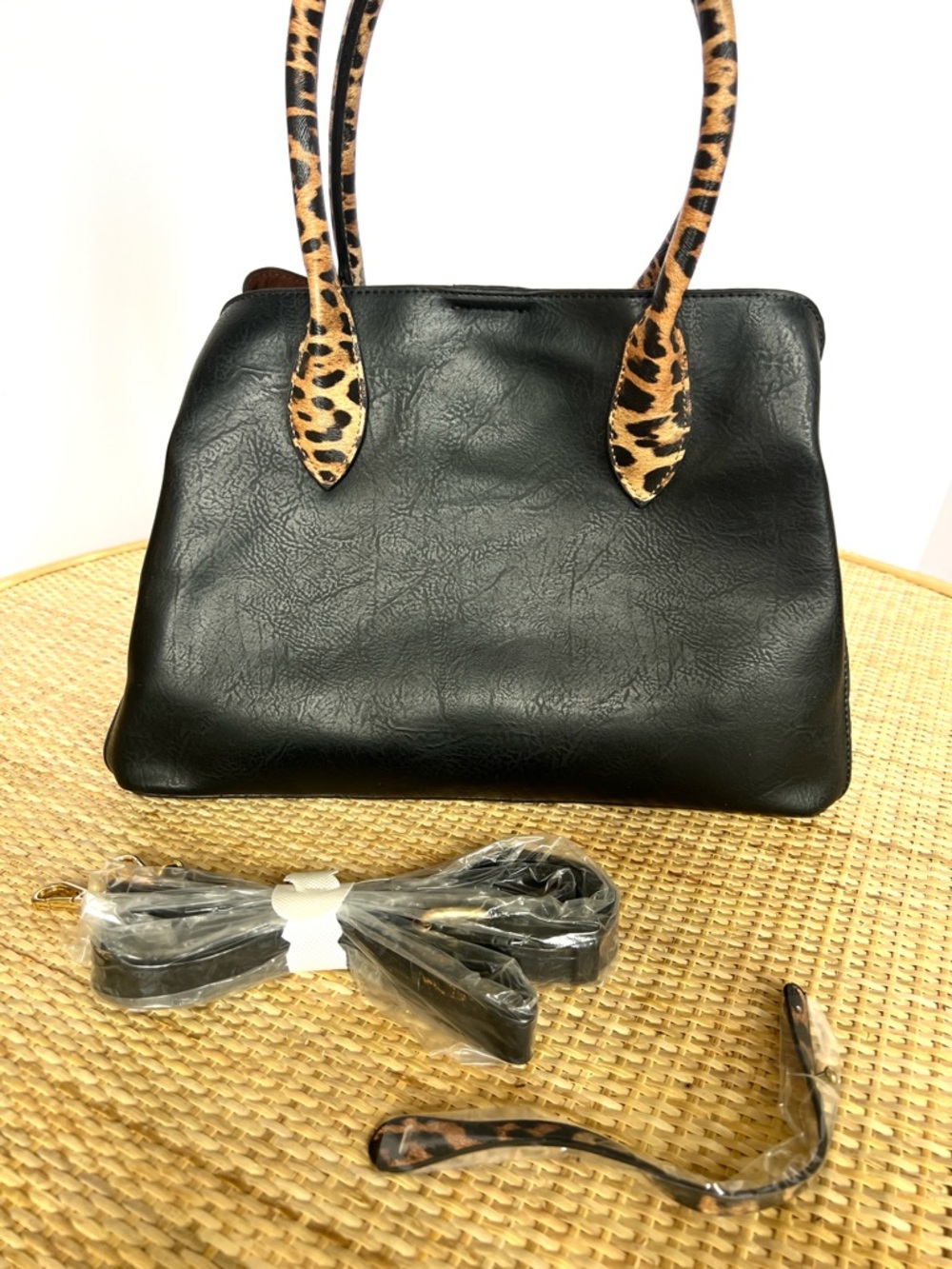 Vegan Leather Satchel Handbag Black w Leopard Print Contrast Handle NEW